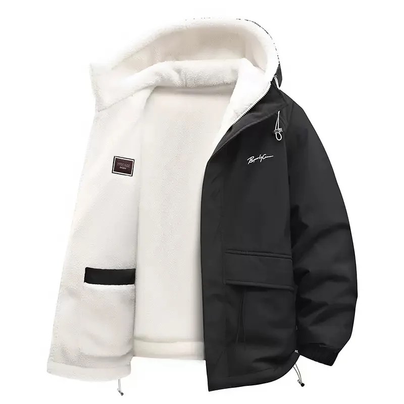 Men Winter Thick Warm Hooded Parka Coat Inside Male Solid Color Stand Collar Cotton Jacket Men's Cotton Coat Size 4XL
