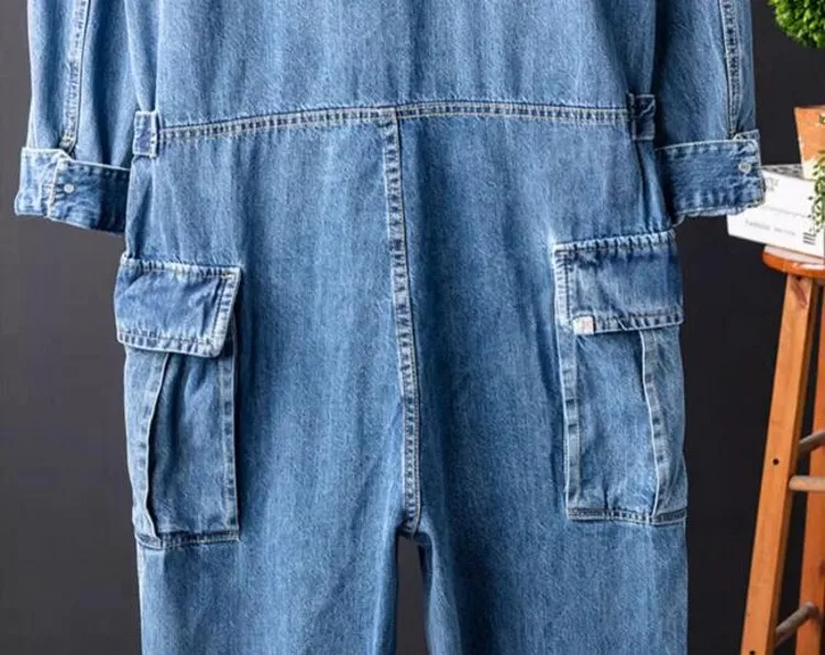 Vintage Mens One Piece Denim Overalls Casual Hip Hop Long Sleeve Cargo Jeans Jumpsuit Straight Loose Safari Style Work Jumpsuits