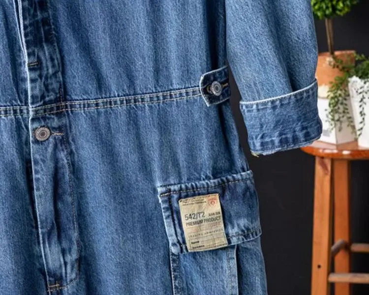 Vintage Mens One Piece Denim Overalls Casual Hip Hop Long Sleeve Cargo Jeans Jumpsuit Straight Loose Safari Style Work Jumpsuits