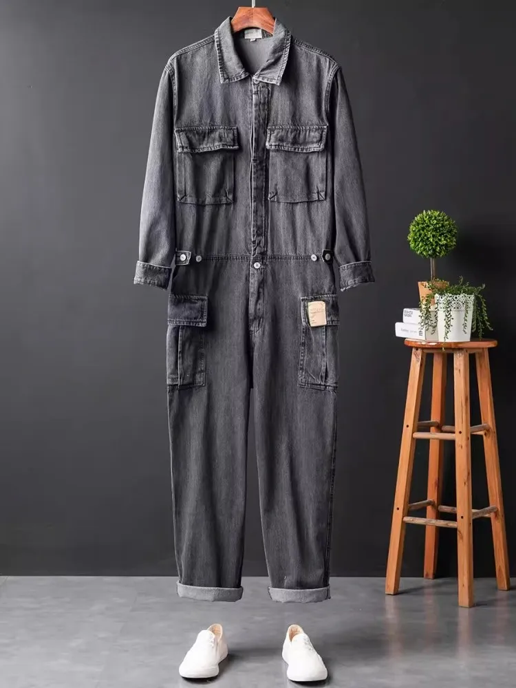 Vintage Mens One Piece Denim Overalls Casual Hip Hop Long Sleeve Cargo Jeans Jumpsuit Straight Loose Safari Style Work Jumpsuits