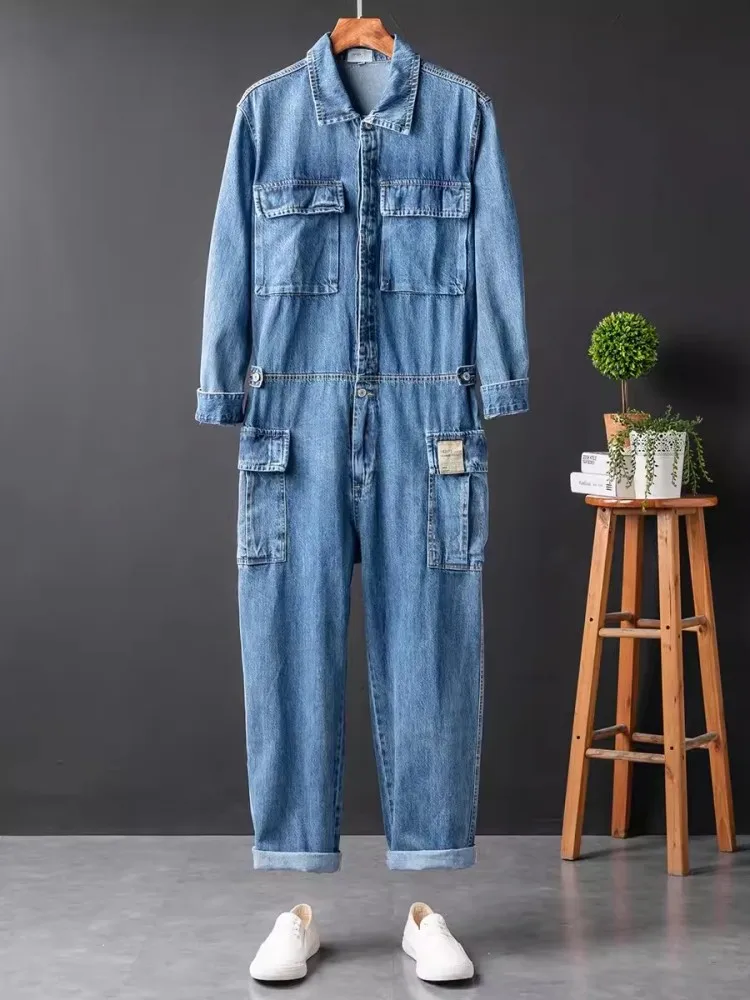 Vintage Mens One Piece Denim Overalls Casual Hip Hop Long Sleeve Cargo Jeans Jumpsuit Straight Loose Safari Style Work Jumpsuits