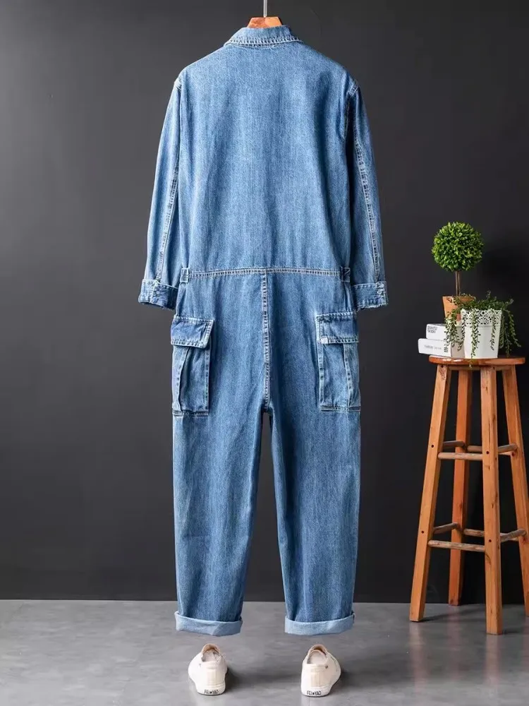 Vintage Mens One Piece Denim Overalls Casual Hip Hop Long Sleeve Cargo Jeans Jumpsuit Straight Loose Safari Style Work Jumpsuits