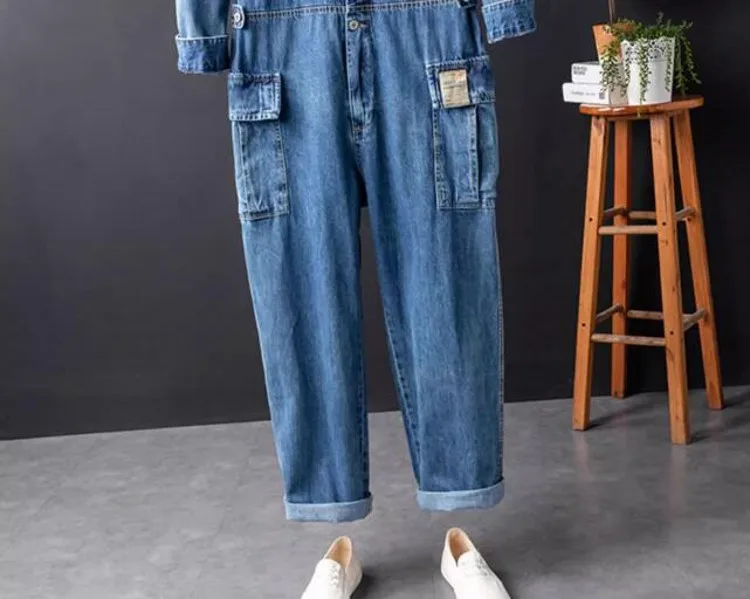 Vintage Mens One Piece Denim Overalls Casual Hip Hop Long Sleeve Cargo Jeans Jumpsuit Straight Loose Safari Style Work Jumpsuits