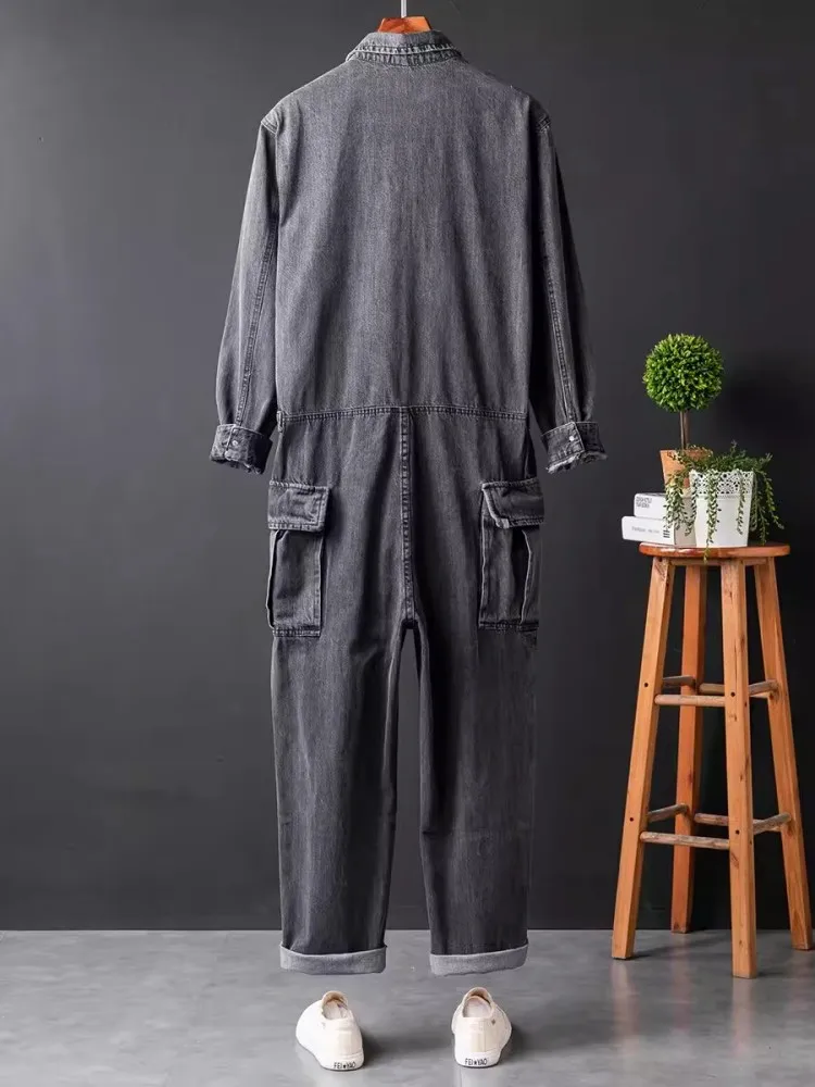 Vintage Mens One Piece Denim Overalls Casual Hip Hop Long Sleeve Cargo Jeans Jumpsuit Straight Loose Safari Style Work Jumpsuits