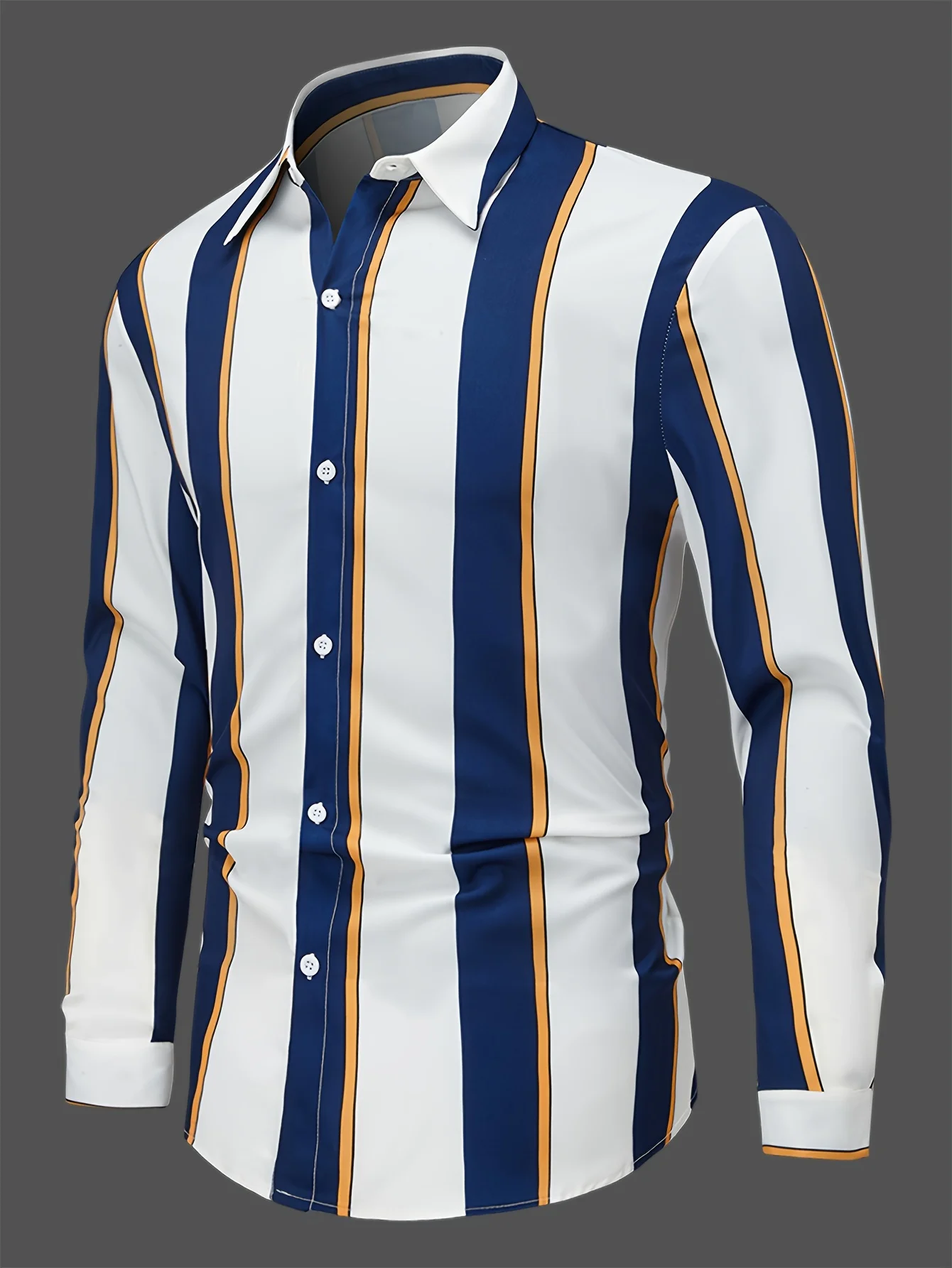 Men'S Casual Regular Fit Striped Long Sleeve Solid Color Polyester Button Lapel Shirt, Woven,Non-Stretch Fabric