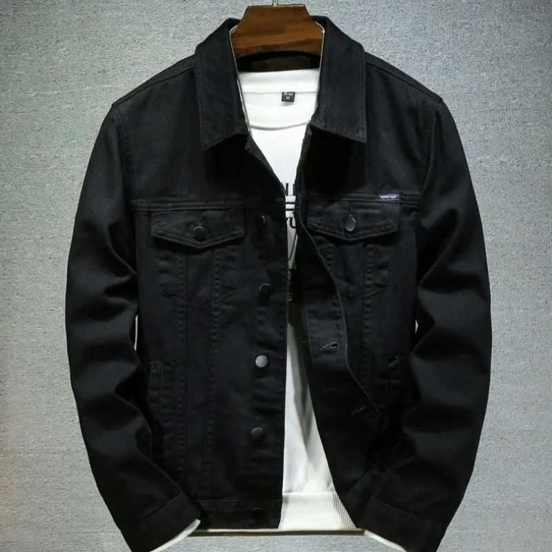 KIDWHXR Autumn Man Denim Coat Streetwear Solid Turn Down Collar Men Outerwear Retro Single-breasted Versatile Male Jacket