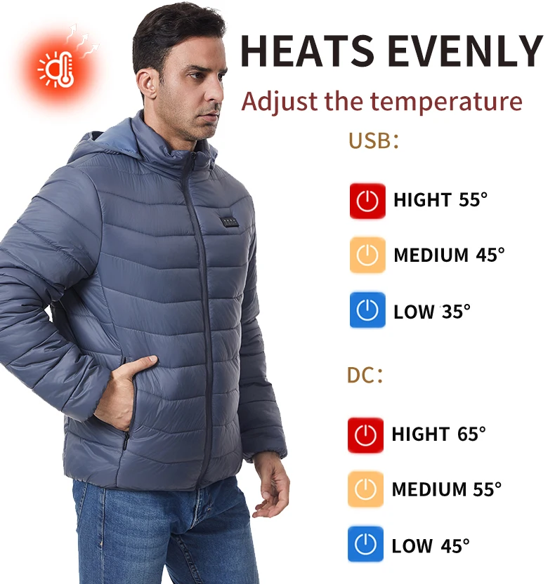 Independent Control of 4 Zones 27 Heating Zones Men's Heated Jacket Outdoor Warmth Hooded Heated Coat USB Electric Heated