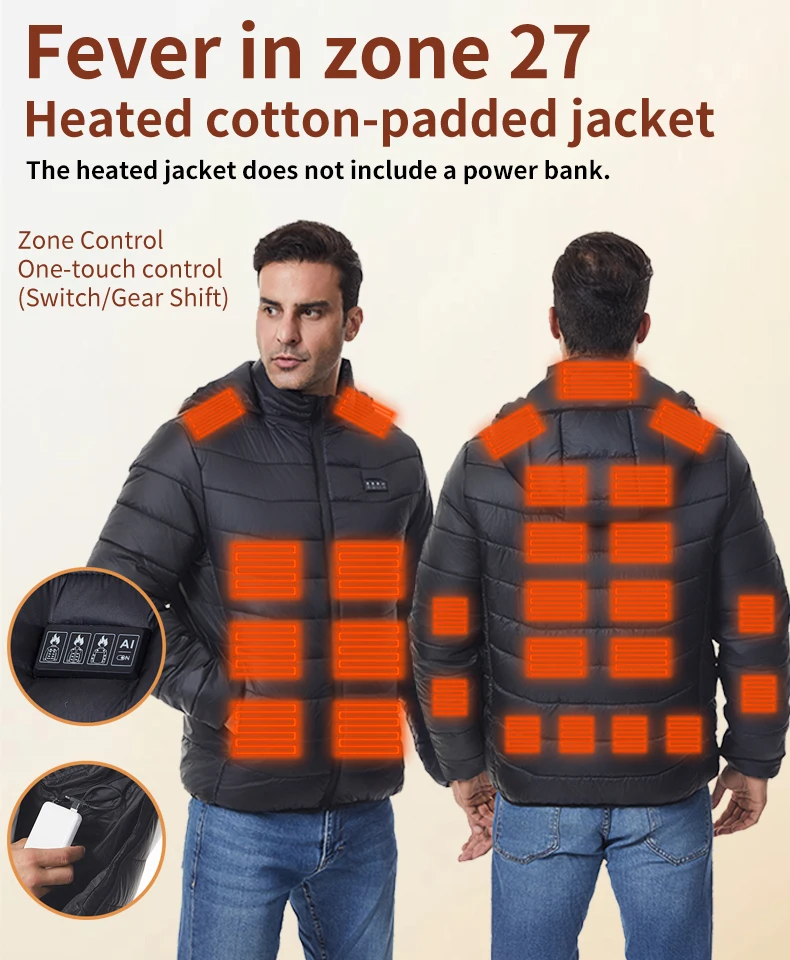 Independent Control of 4 Zones 27 Heating Zones Men's Heated Jacket Outdoor Warmth Hooded Heated Coat USB Electric Heated