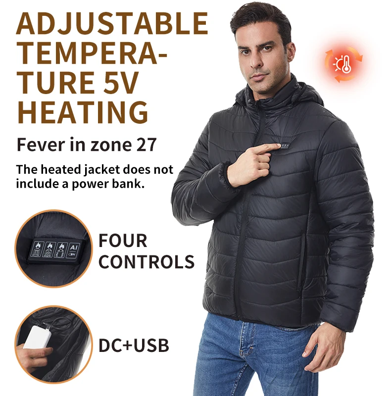 Independent Control of 4 Zones 27 Heating Zones Men's Heated Jacket Outdoor Warmth Hooded Heated Coat USB Electric Heated
