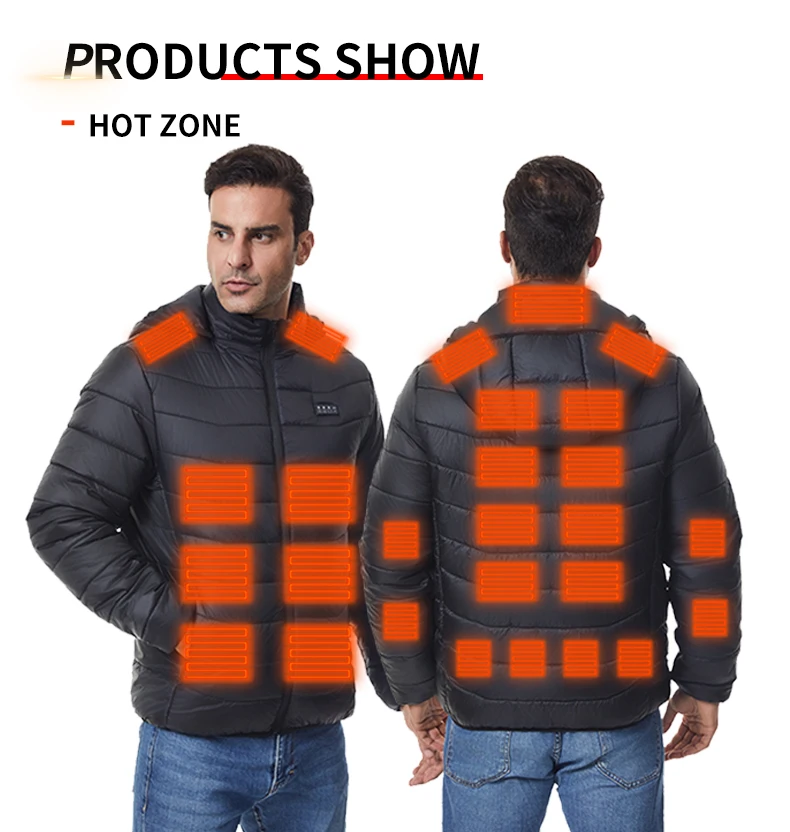 Independent Control of 4 Zones 27 Heating Zones Men's Heated Jacket Outdoor Warmth Hooded Heated Coat USB Electric Heated
