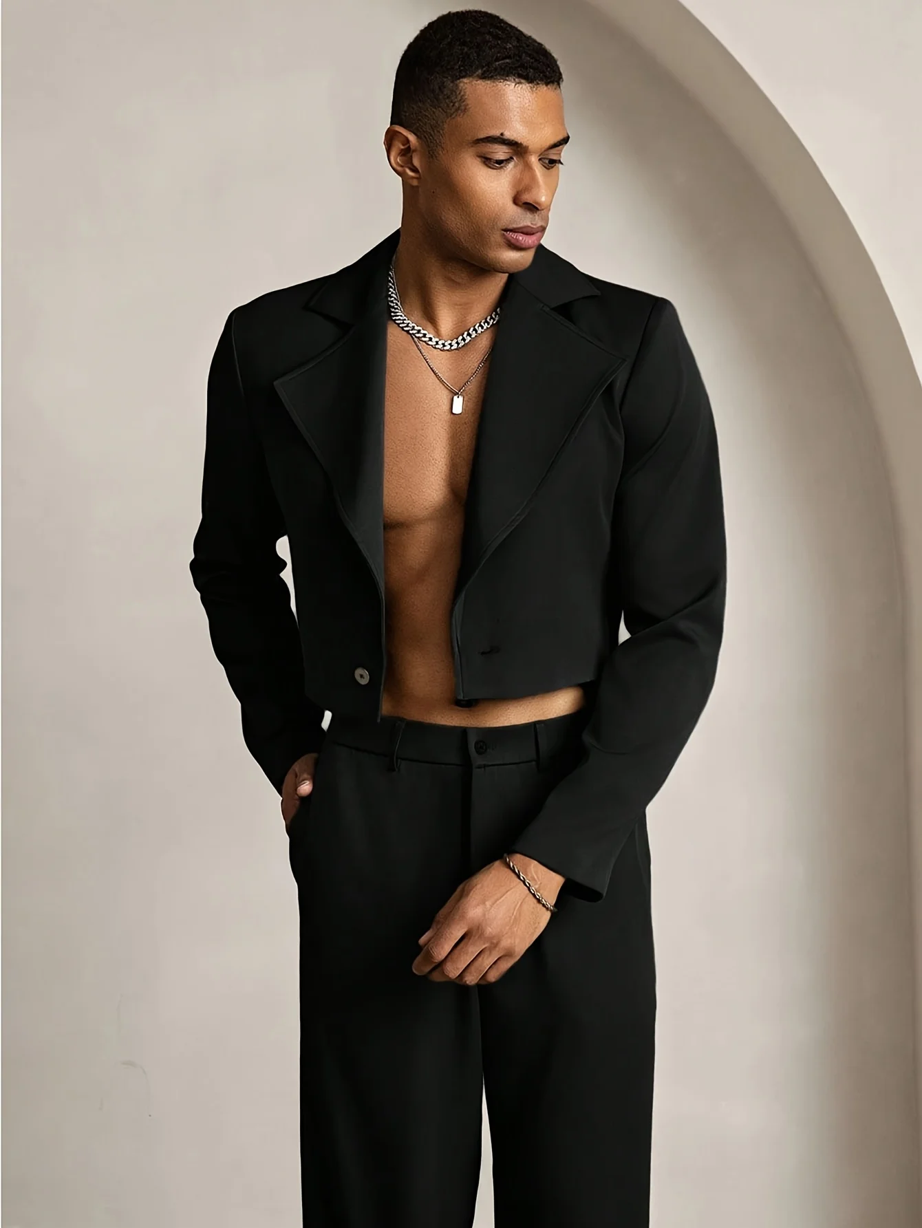 2026 New Men's Black Crop Blazer & Wide Leg Pants Formal Suit