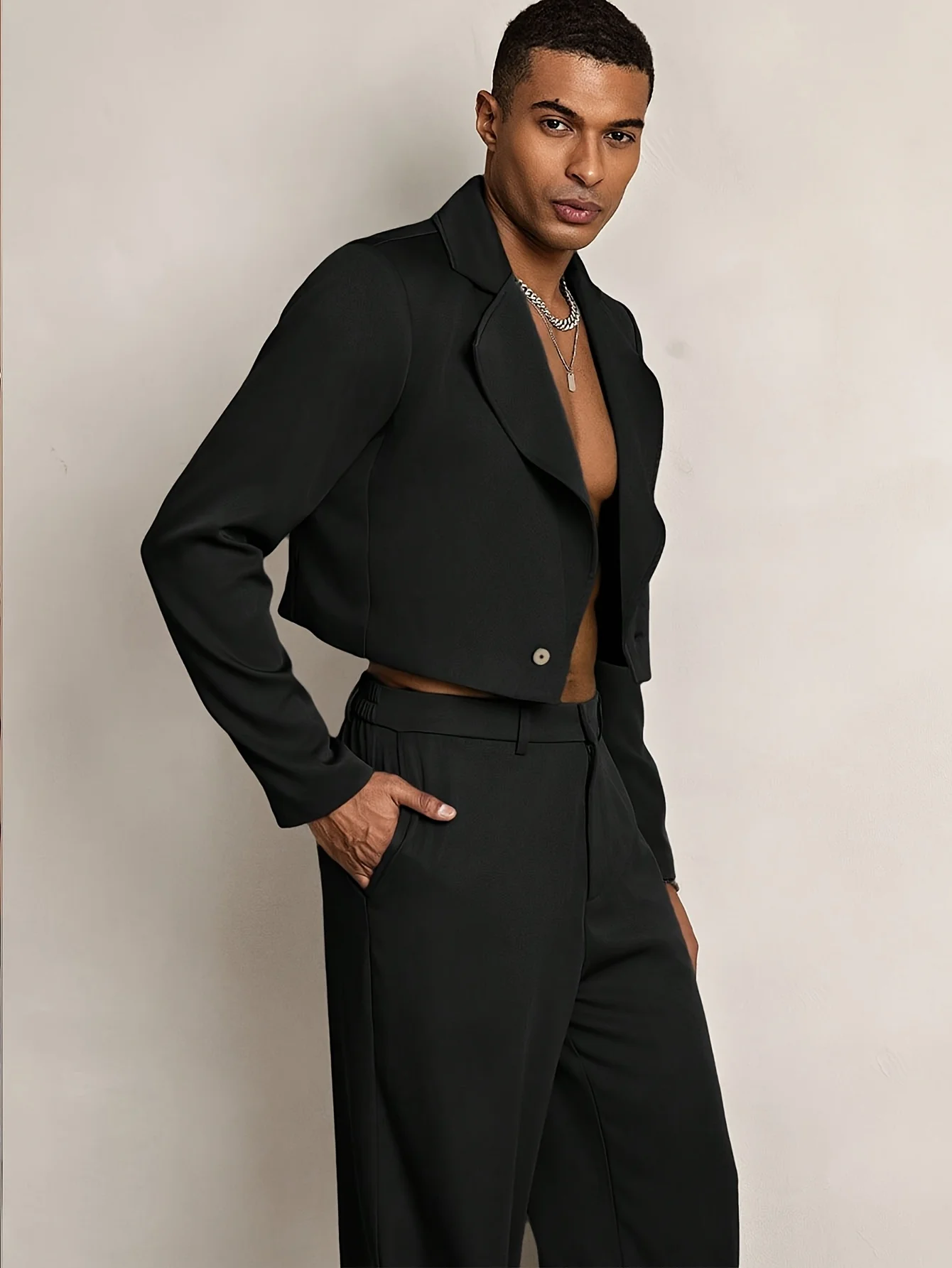 2026 New Men's Black Crop Blazer & Wide Leg Pants Formal Suit