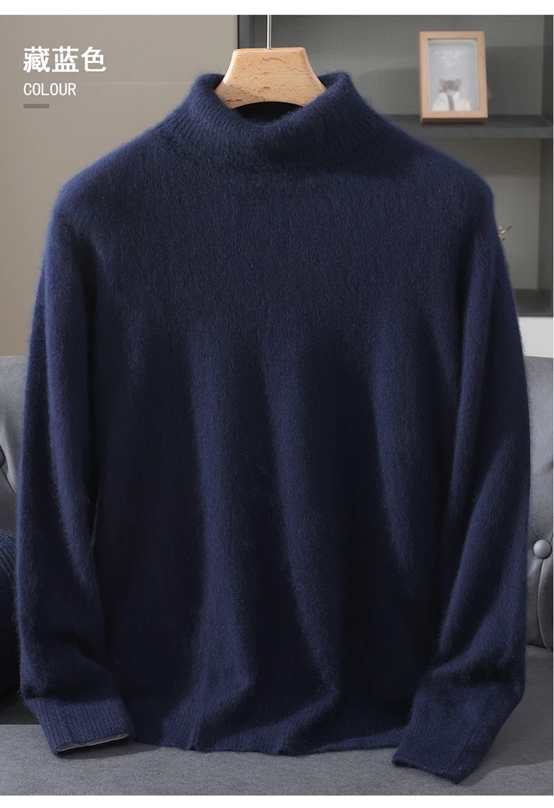 Men's 100% Pure Mink Velvet Cashmere Sweater High Lapels Pullovers Knitted Winter New Tops Long Sleeve High-End Jumpers