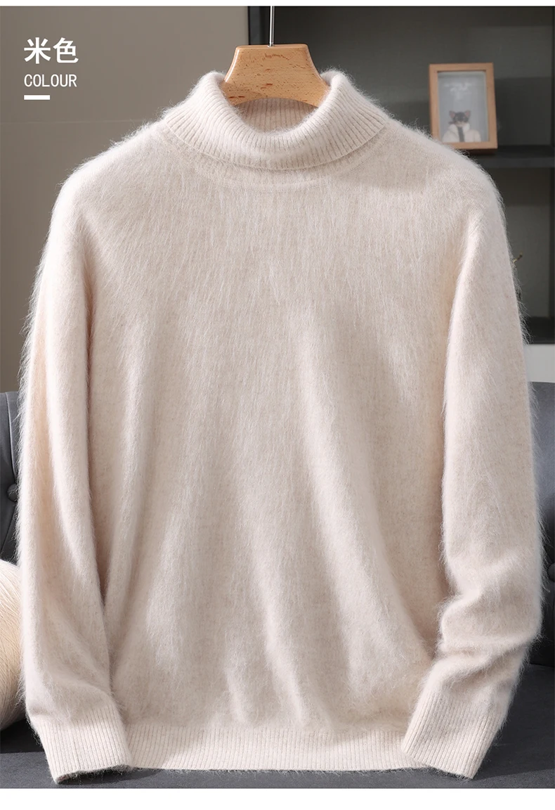Men's 100% Pure Mink Velvet Cashmere Sweater High Lapels Pullovers Knitted Winter New Tops Long Sleeve High-End Jumpers