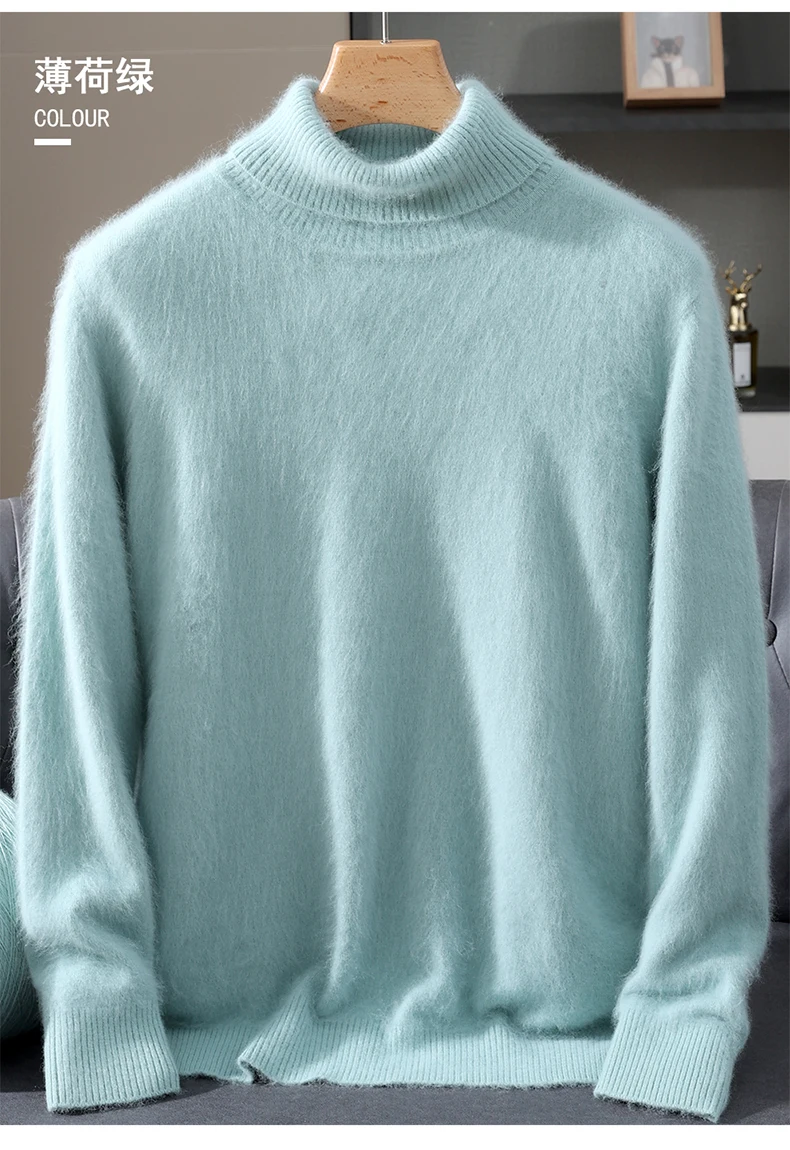 Men's 100% Pure Mink Velvet Cashmere Sweater High Lapels Pullovers Knitted Winter New Tops Long Sleeve High-End Jumpers