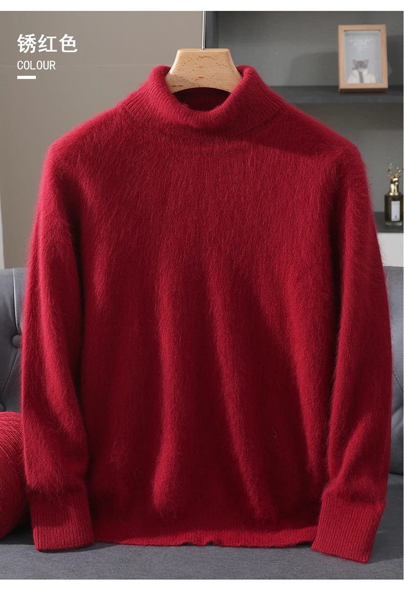 Men's 100% Pure Mink Velvet Cashmere Sweater High Lapels Pullovers Knitted Winter New Tops Long Sleeve High-End Jumpers