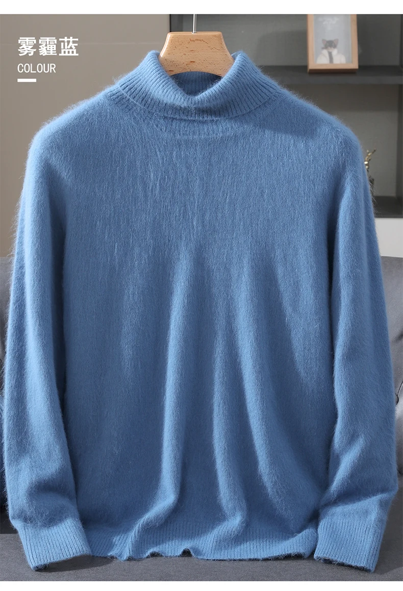 Men's 100% Pure Mink Velvet Cashmere Sweater High Lapels Pullovers Knitted Winter New Tops Long Sleeve High-End Jumpers