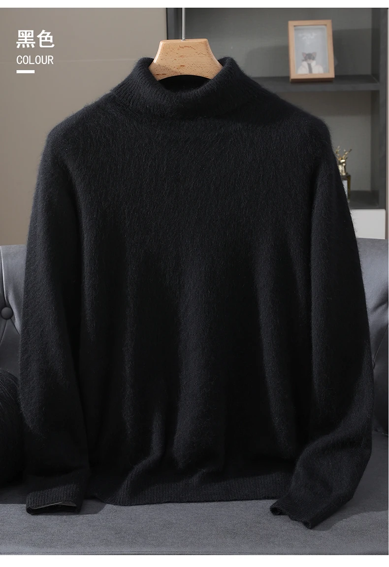 Men's 100% Pure Mink Velvet Cashmere Sweater High Lapels Pullovers Knitted Winter New Tops Long Sleeve High-End Jumpers