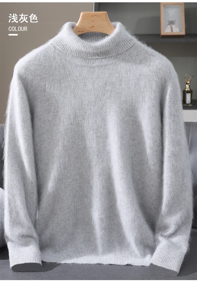 Men's 100% Pure Mink Velvet Cashmere Sweater High Lapels Pullovers Knitted Winter New Tops Long Sleeve High-End Jumpers