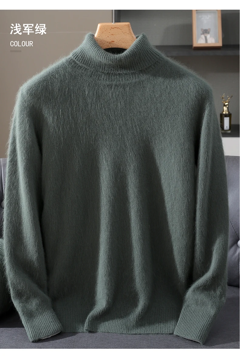 Men's 100% Pure Mink Velvet Cashmere Sweater High Lapels Pullovers Knitted Winter New Tops Long Sleeve High-End Jumpers