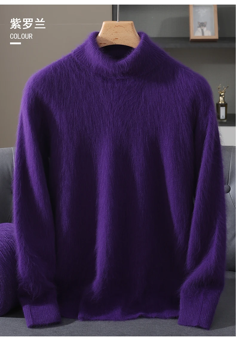 Men's 100% Pure Mink Velvet Cashmere Sweater High Lapels Pullovers Knitted Winter New Tops Long Sleeve High-End Jumpers