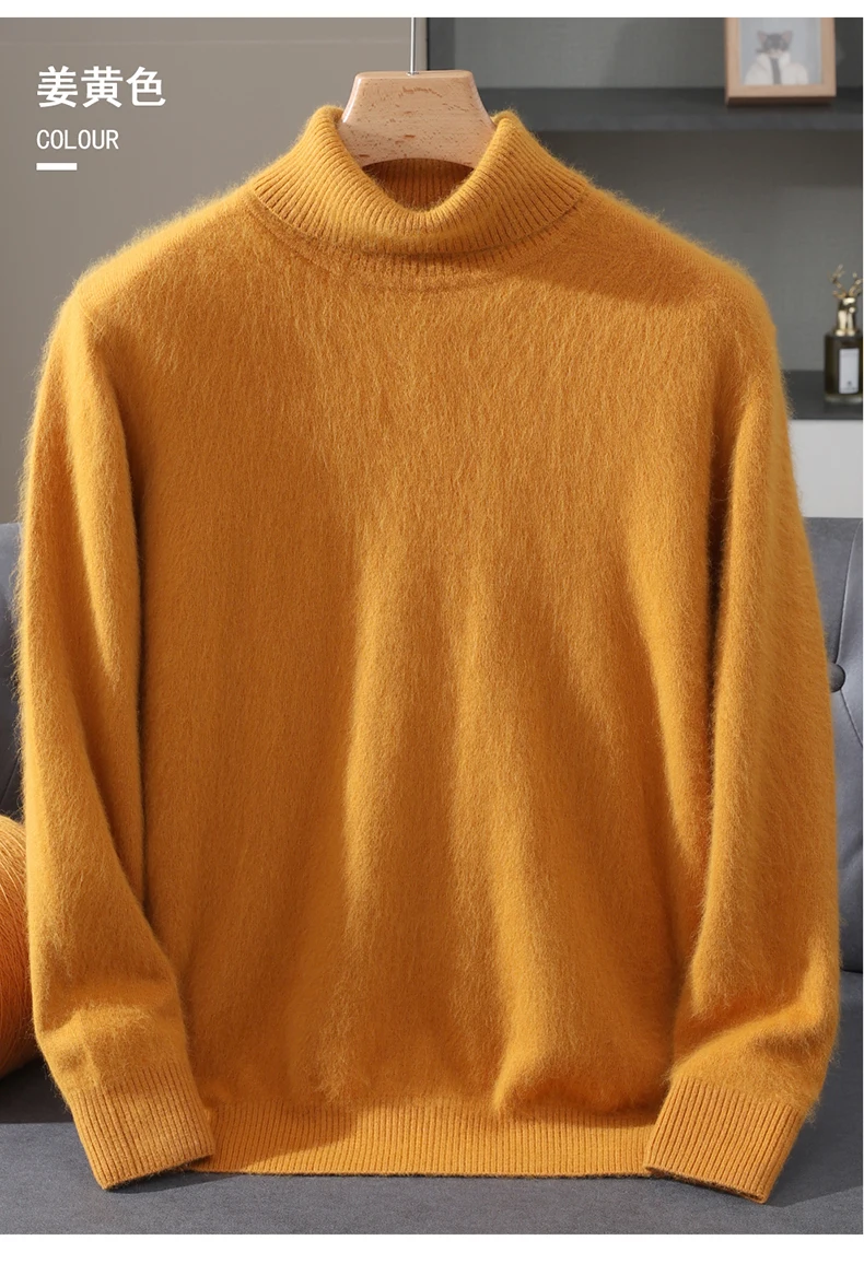 Men's 100% Pure Mink Velvet Cashmere Sweater High Lapels Pullovers Knitted Winter New Tops Long Sleeve High-End Jumpers