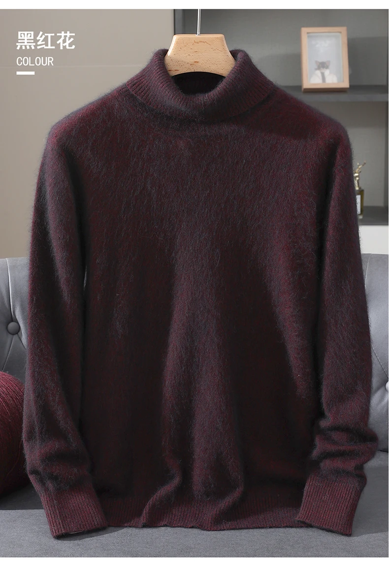 Men's 100% Pure Mink Velvet Cashmere Sweater High Lapels Pullovers Knitted Winter New Tops Long Sleeve High-End Jumpers