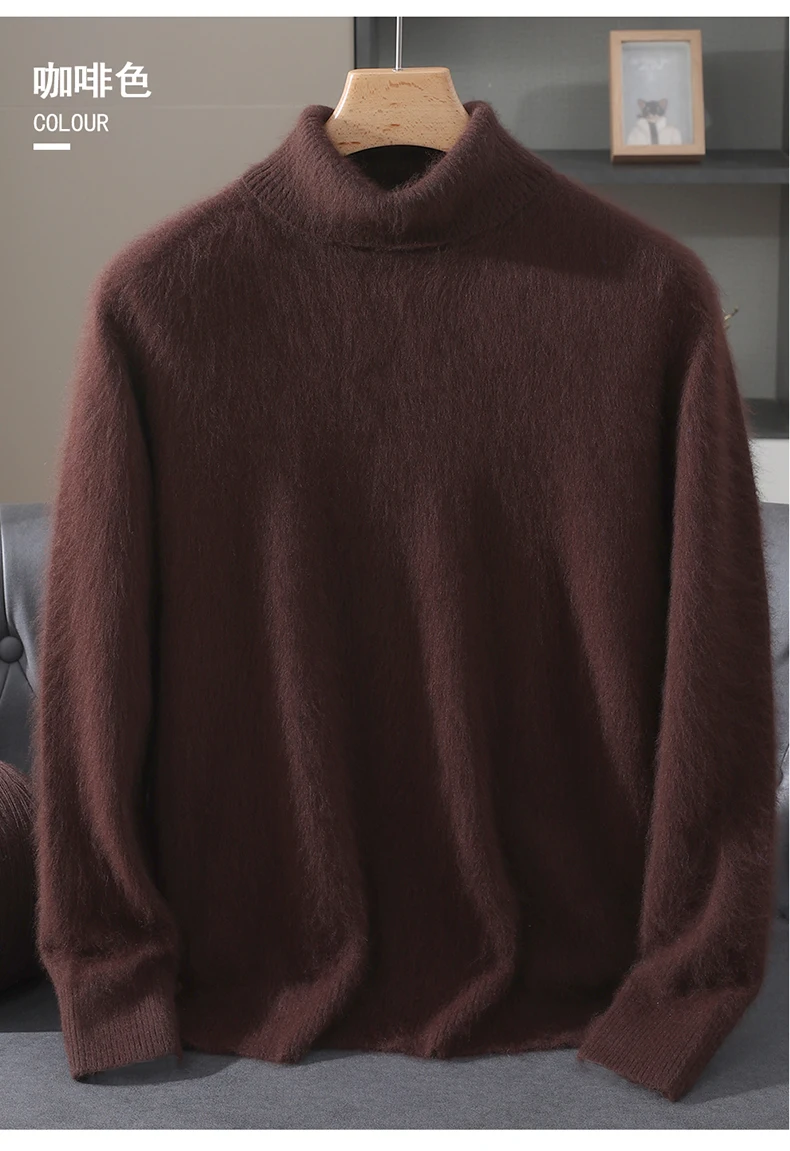 Men's 100% Pure Mink Velvet Cashmere Sweater High Lapels Pullovers Knitted Winter New Tops Long Sleeve High-End Jumpers