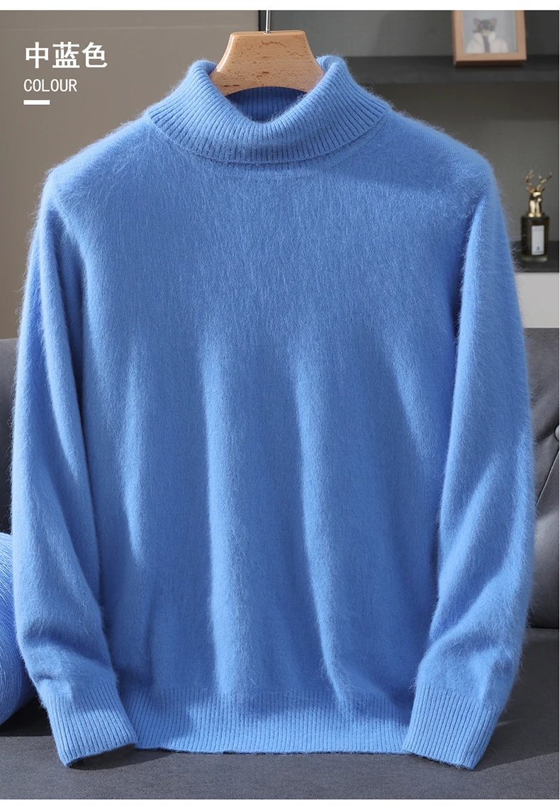 Men's 100% Pure Mink Velvet Cashmere Sweater High Lapels Pullovers Knitted Winter New Tops Long Sleeve High-End Jumpers