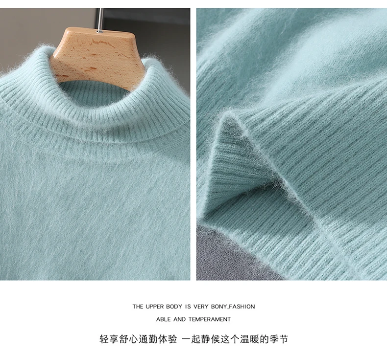 Men's 100% Pure Mink Velvet Cashmere Sweater High Lapels Pullovers Knitted Winter New Tops Long Sleeve High-End Jumpers