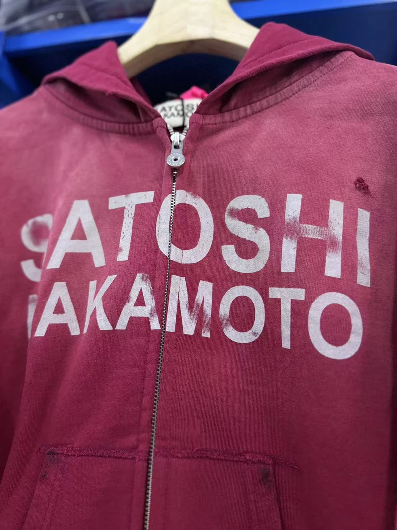 26ss Winter Green Oversize Street Outfit SATOSHI Jacket Washed Retro Distressed Splashed Ink Zipper Hoodie Men Women Loose Hoody