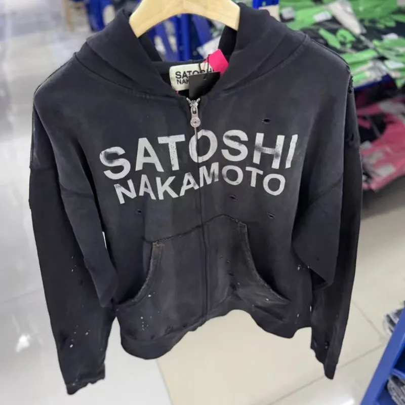 26ss Winter Green Oversize Street Outfit SATOSHI Jacket Washed Retro Distressed Splashed Ink Zipper Hoodie Men Women Loose Hoody