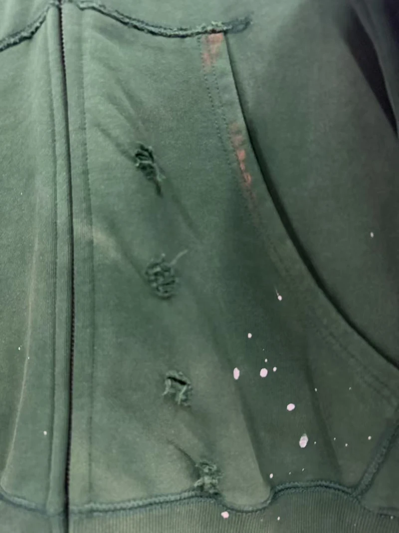 26ss Winter Green Oversize Street Outfit SATOSHI Jacket Washed Retro Distressed Splashed Ink Zipper Hoodie Men Women Loose Hoody