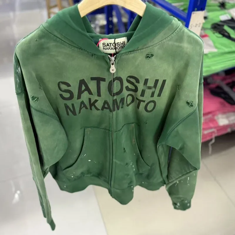 26ss Winter Green Oversize Street Outfit SATOSHI Jacket Washed Retro Distressed Splashed Ink Zipper Hoodie Men Women Loose Hoody