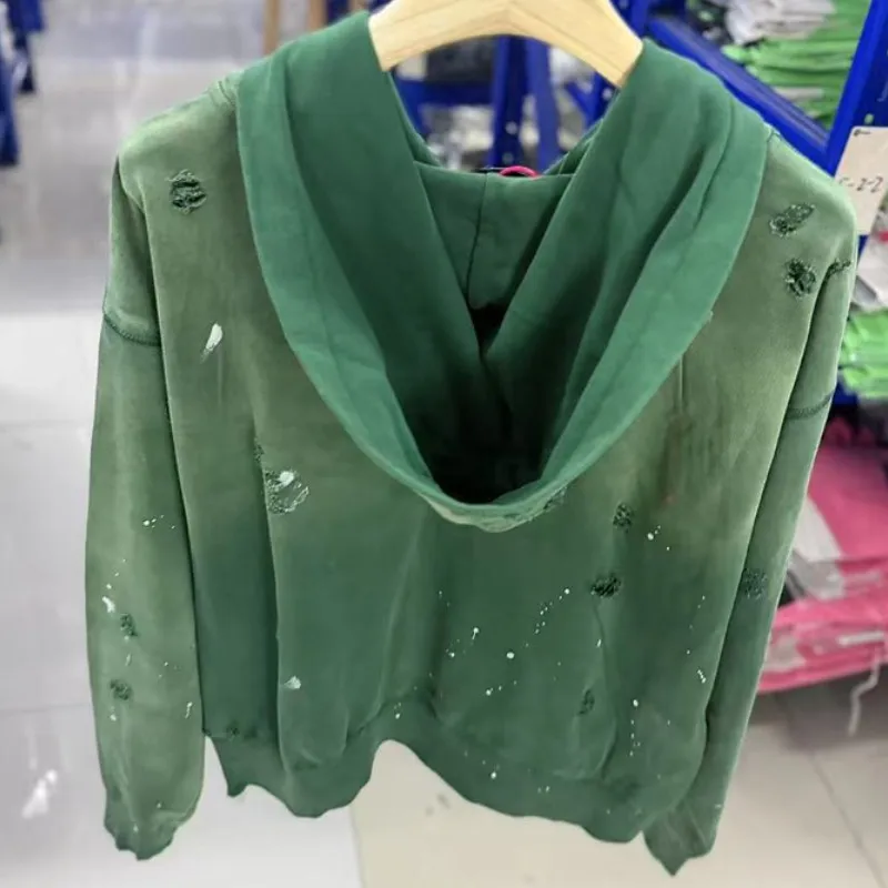 26ss Winter Green Oversize Street Outfit SATOSHI Jacket Washed Retro Distressed Splashed Ink Zipper Hoodie Men Women Loose Hoody