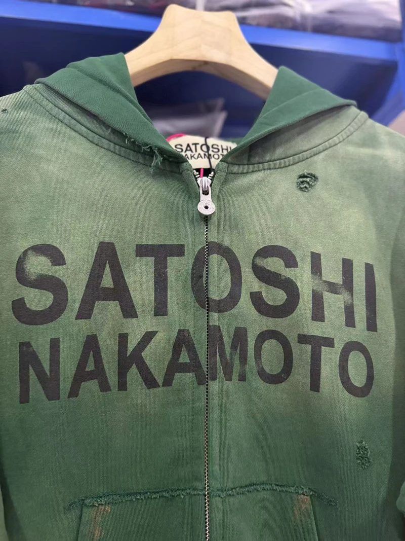 26ss Winter Green Oversize Street Outfit SATOSHI Jacket Washed Retro Distressed Splashed Ink Zipper Hoodie Men Women Loose Hoody