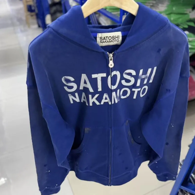 26ss Winter Green Oversize Street Outfit SATOSHI Jacket Washed Retro Distressed Splashed Ink Zipper Hoodie Men Women Loose Hoody