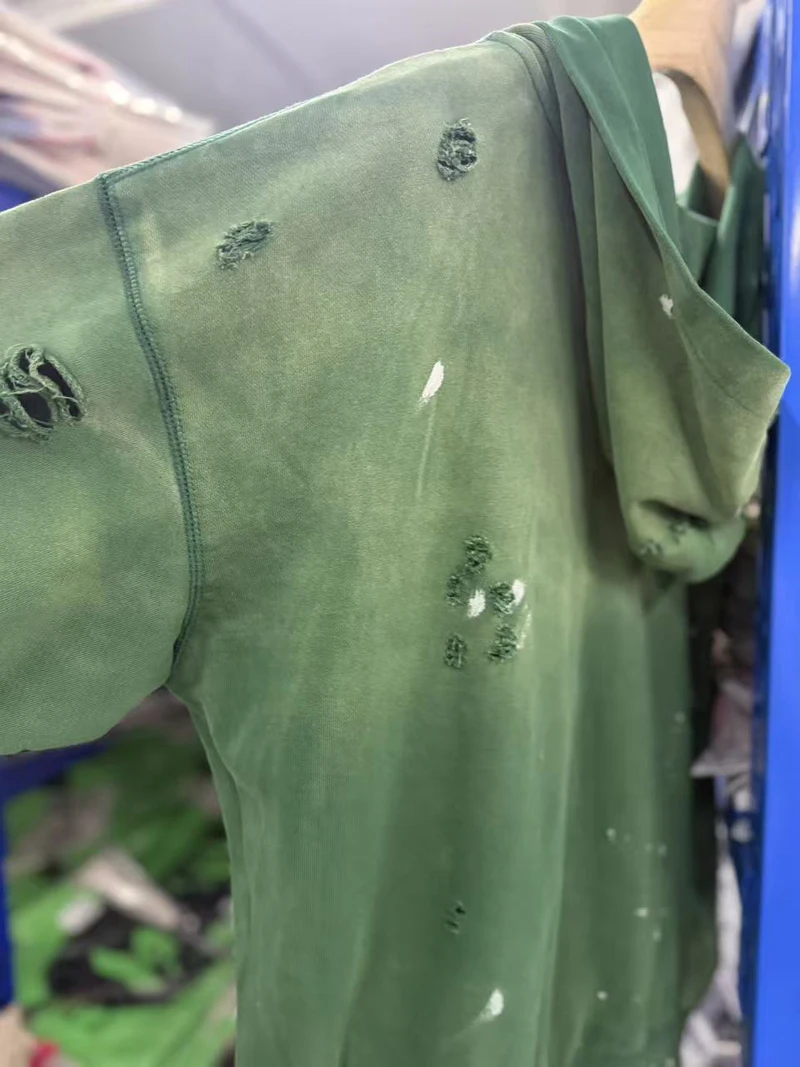 26ss Winter Green Oversize Street Outfit SATOSHI Jacket Washed Retro Distressed Splashed Ink Zipper Hoodie Men Women Loose Hoody