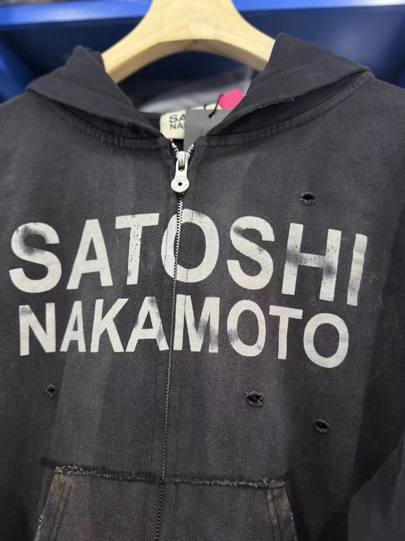 26ss Winter Green Oversize Street Outfit SATOSHI Jacket Washed Retro Distressed Splashed Ink Zipper Hoodie Men Women Loose Hoody