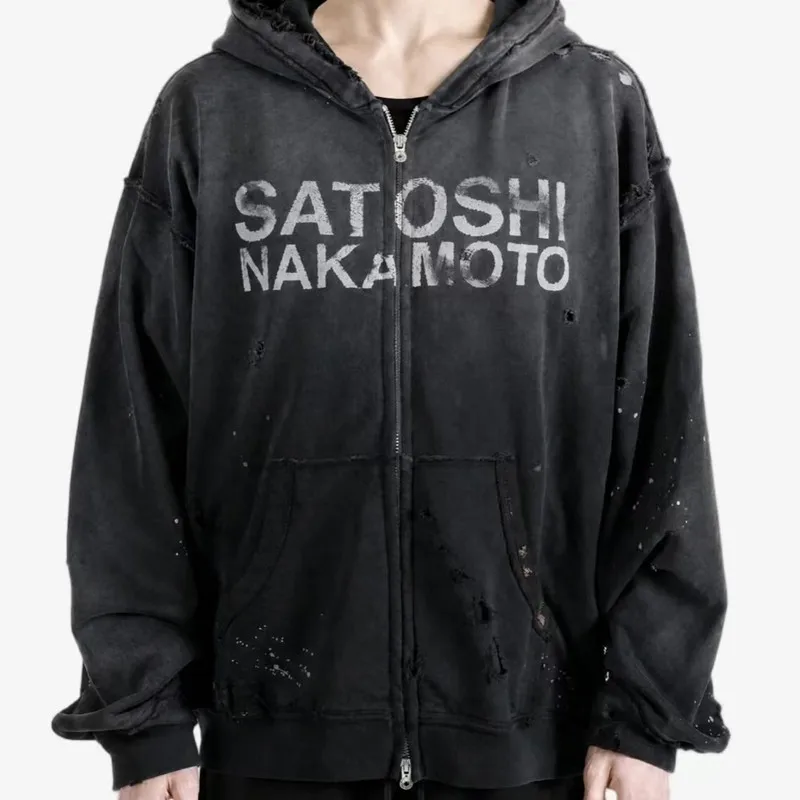 26ss Winter Green Oversize Street Outfit SATOSHI Jacket Washed Retro Distressed Splashed Ink Zipper Hoodie Men Women Loose Hoody