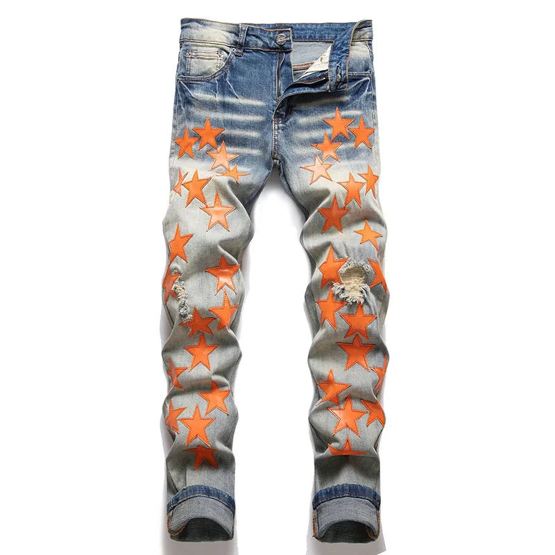 High Street Fashion Mens Streetwear Jeans Personal Designer Printed Jeans Men Punk Pants Skinny Streetwear Hip Hop Jeans