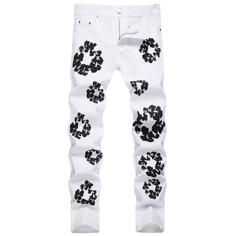 High Street Fashion Mens Streetwear Jeans Personal Designer Printed Jeans Men Punk Pants Skinny Streetwear Hip Hop Jeans