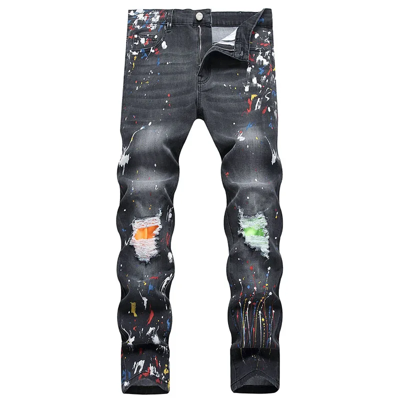 High Street Fashion Mens Streetwear Jeans Personal Designer Printed Jeans Men Punk Pants Skinny Streetwear Hip Hop Jeans