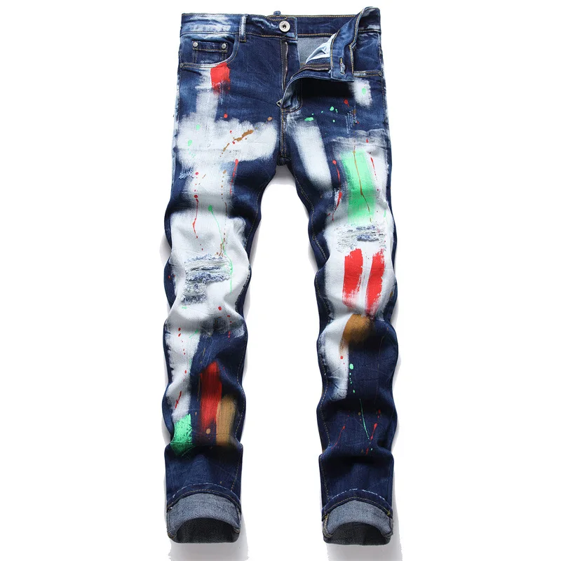 High Street Fashion Mens Streetwear Jeans Personal Designer Printed Jeans Men Punk Pants Skinny Streetwear Hip Hop Jeans