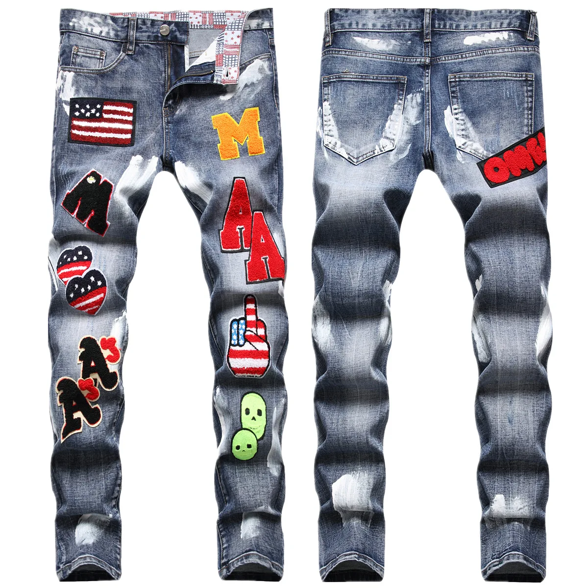 High Street Fashion Mens Streetwear Jeans Personal Designer Printed Jeans Men Punk Pants Skinny Streetwear Hip Hop Jeans
