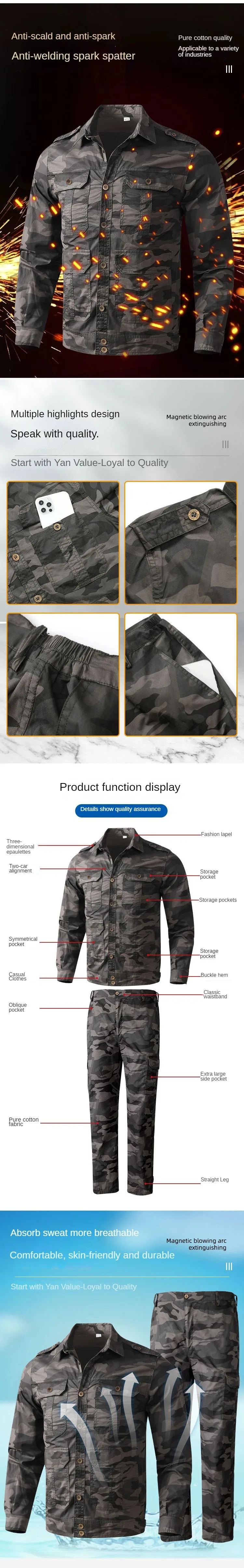 Summer Thin Outdoor Work Suit Set Long Sleeved Anti Scald Pure Cotton Thread Sweat Absorbing Breathable Camouflage Suit