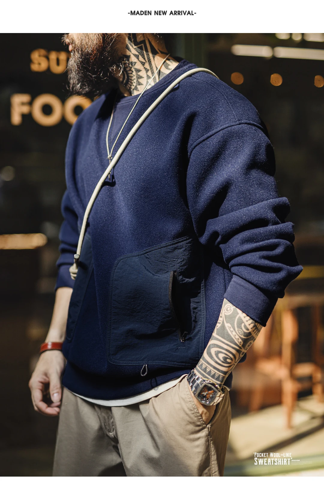 Maden Vintage Heavyweight Patchwork Pocket Sweatshirt Loose Round-neck Versatile Hoodies for Men's Autumn Long-sleeved Pullover