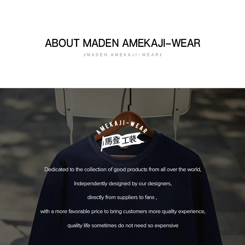 Maden Vintage Heavyweight Patchwork Pocket Sweatshirt Loose Round-neck Versatile Hoodies for Men's Autumn Long-sleeved Pullover