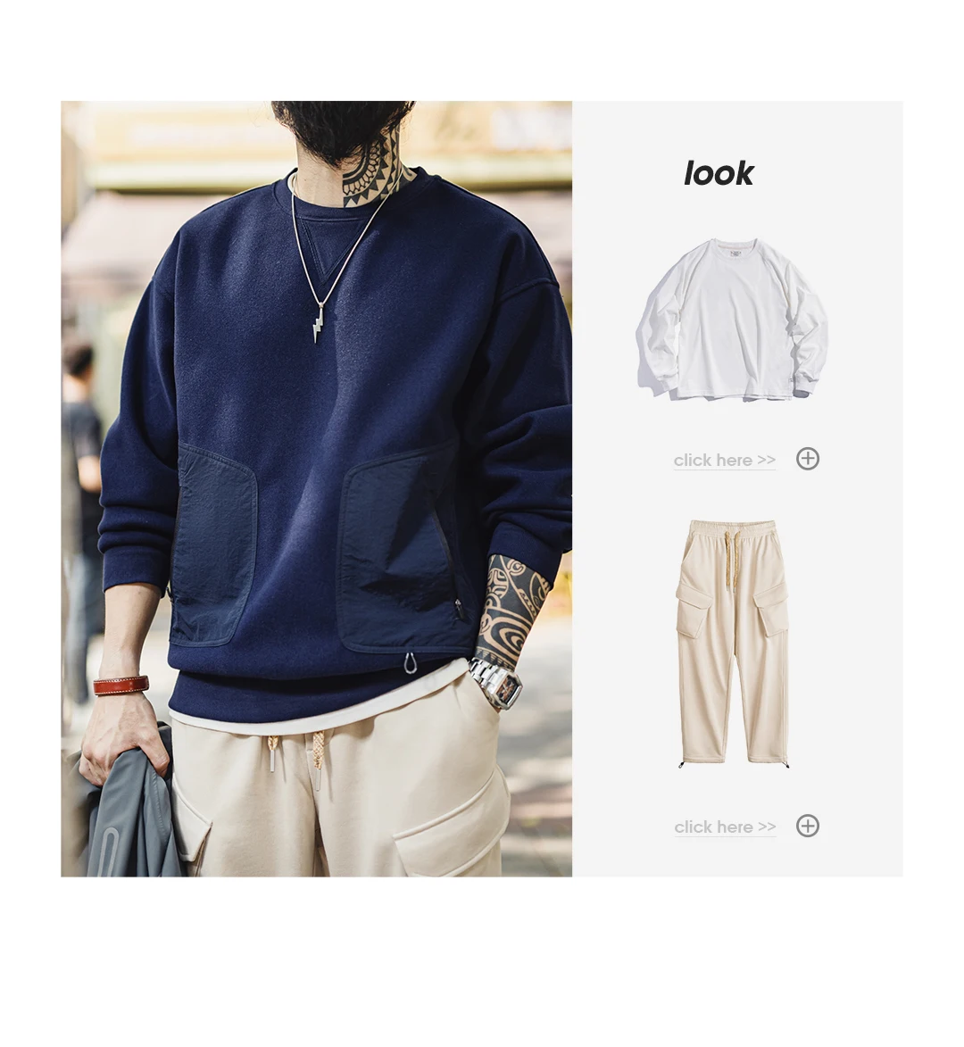 Maden Vintage Heavyweight Patchwork Pocket Sweatshirt Loose Round-neck Versatile Hoodies for Men's Autumn Long-sleeved Pullover