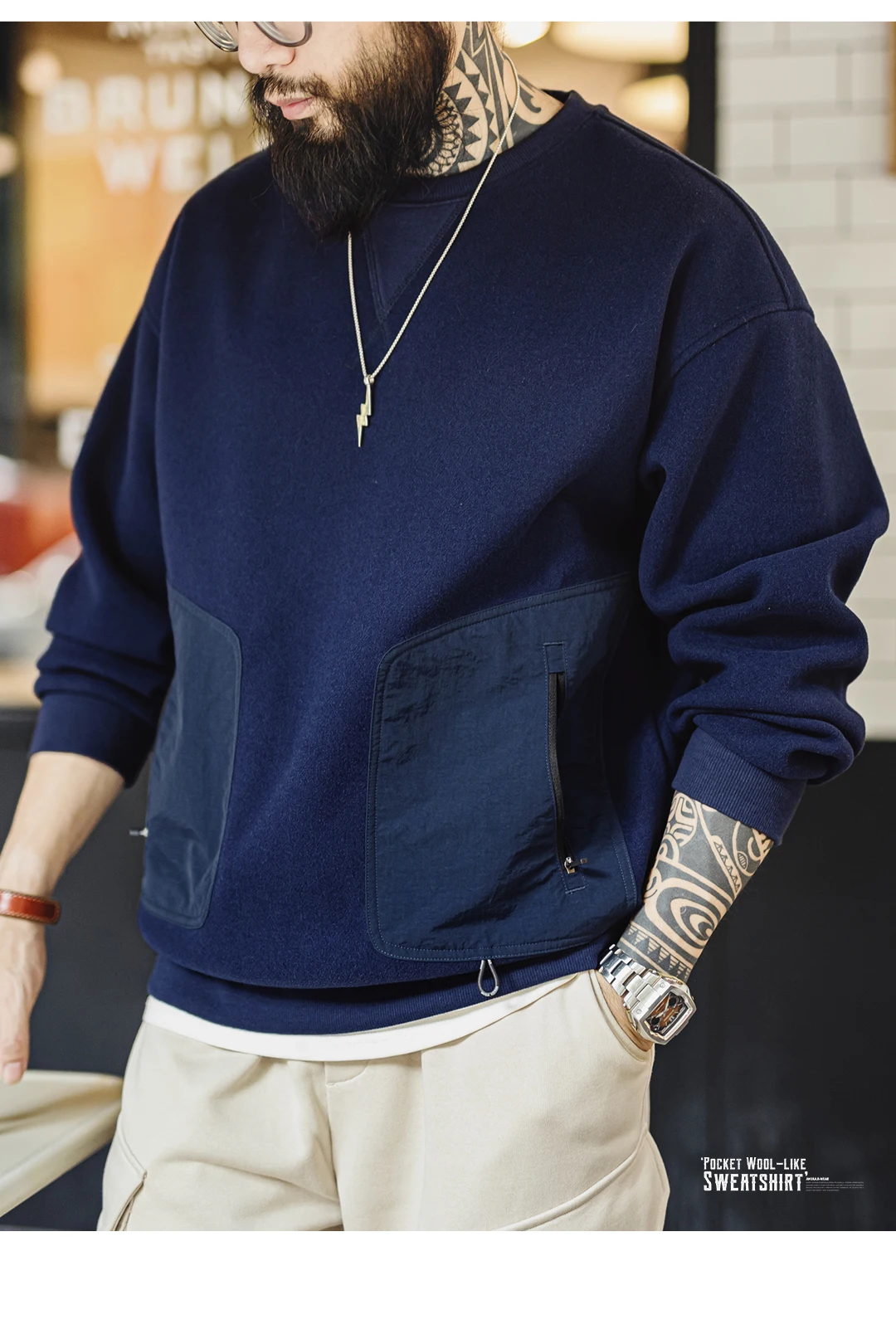 Maden Vintage Heavyweight Patchwork Pocket Sweatshirt Loose Round-neck Versatile Hoodies for Men's Autumn Long-sleeved Pullover